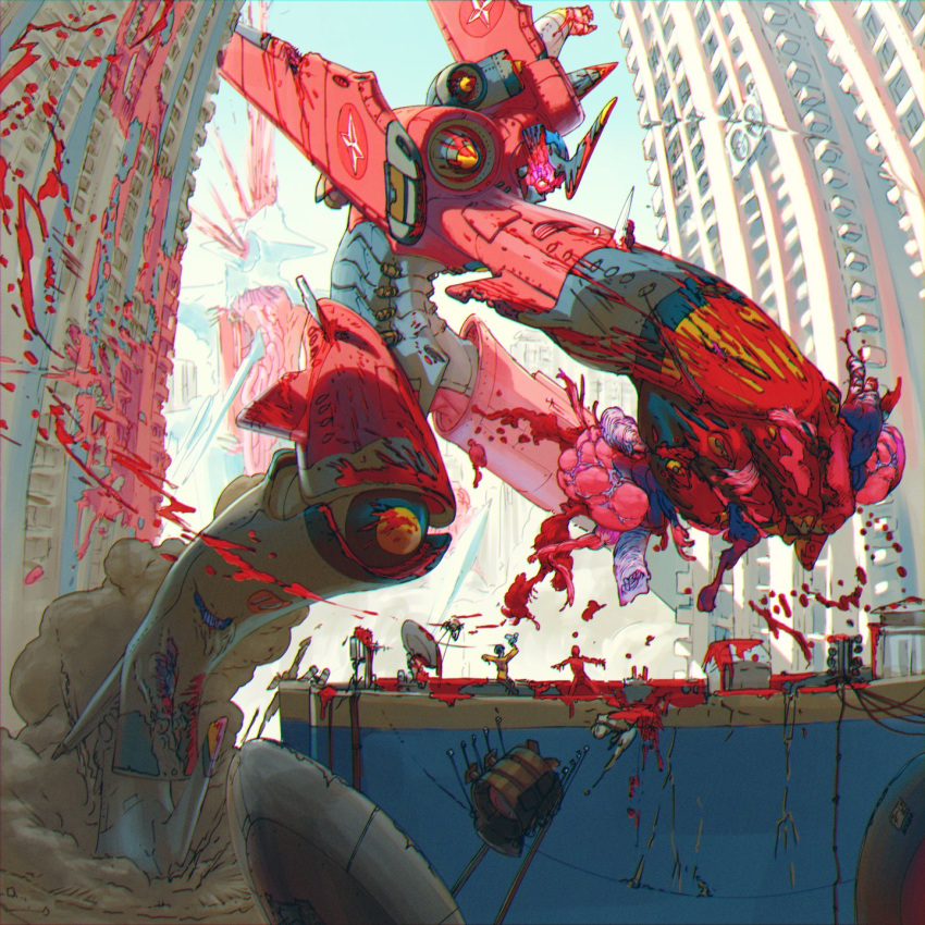 2others, blood, blood_splatter, english_commentary, glowing, glowing_eye, guro, highres, king_salmon, mecha, monster, multiple_others, one-eyed, original, punching, red_eyes, satellite_dish, science_fiction, solo_focus