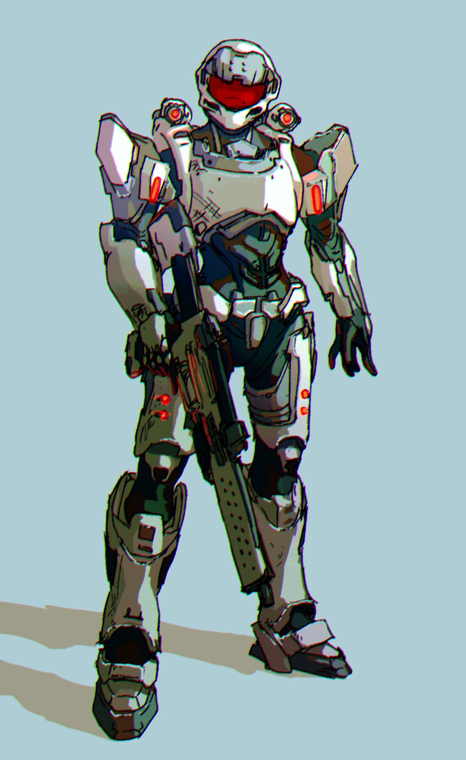 1boy, blue_background, commission, gun, halo_(game), halo_infinite, head_tilt, highres