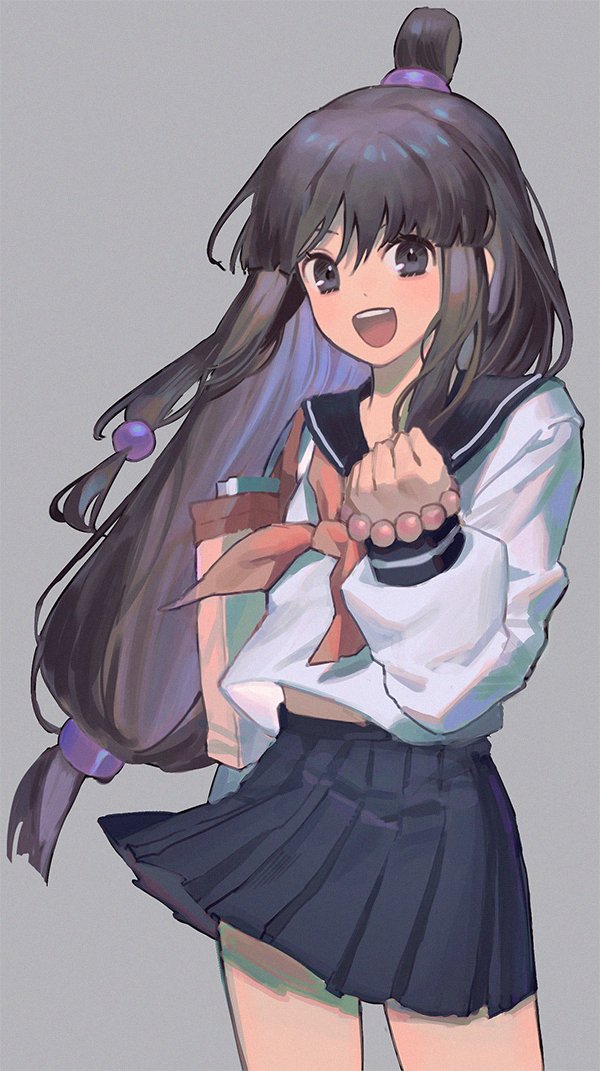 1girl, :d, ayasato_mayoi, bag, bangs, beads, black_eyes, black_hair, black_sailor_collar, black_skirt, clenched_hand, commentary_request, gyakuten_saiban, hair_beads, hair_ornament, korean_commentary, long_hair, long_sleeves, low-tied_long_hair, neckerchief, nenecrepe, open_mouth, pleated_skirt, puffy_long_sleeves, puffy_sleeves, red_neckwear, sailor_collar, school_uniform, serafuku, shirt, sidelocks, skirt, smile, solo, very_long_hair, white_shirt