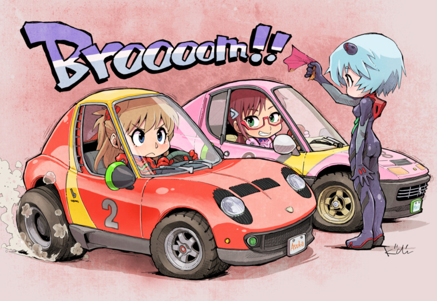 3girls, ayanami_rei, bangs, blue_eyes, blue_hair, blush, bodysuit, brown_eyes