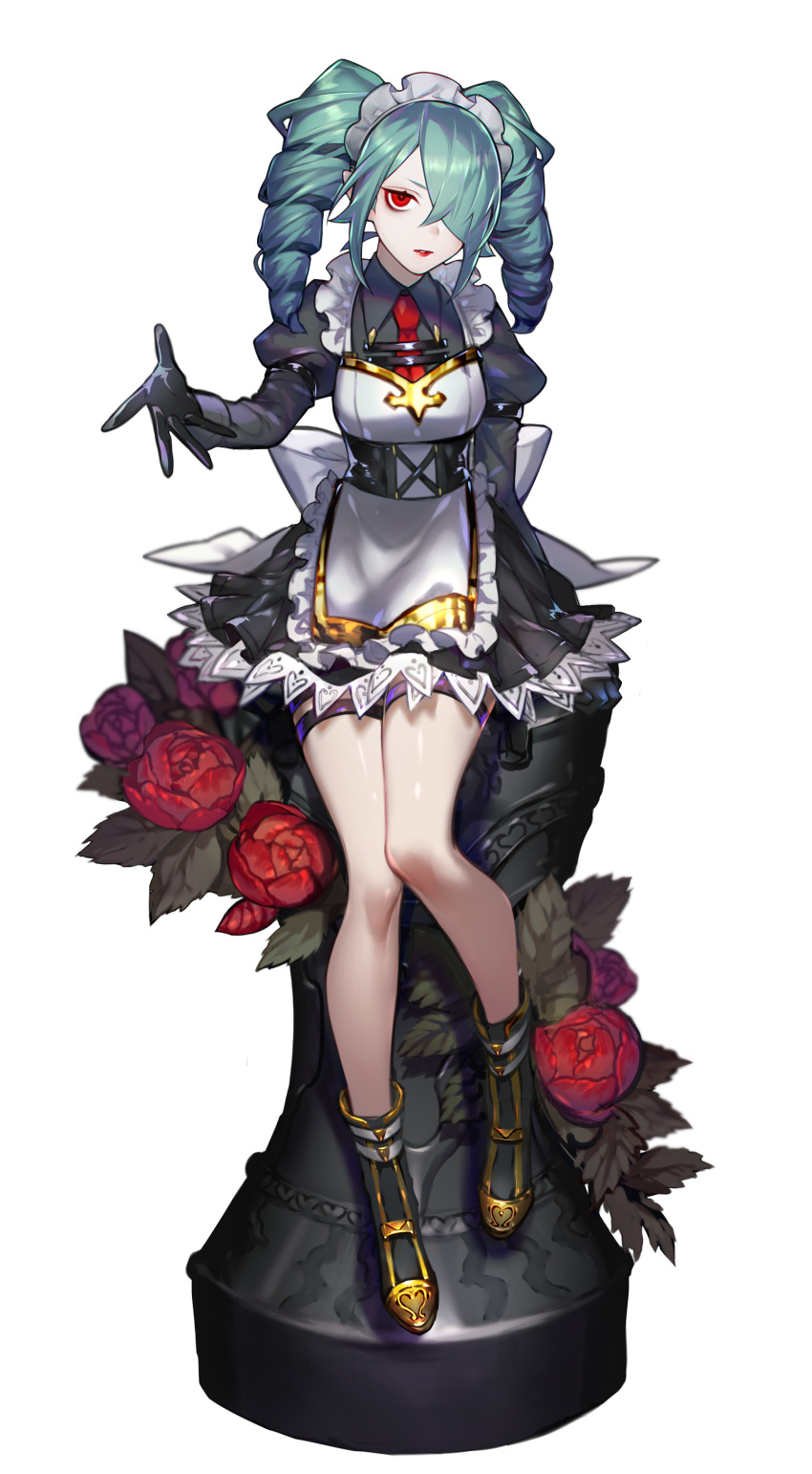 1girl, absurdres, aqua_hair, bags_under_eyes, boots, drill_hair, first-chan_(loalo), flower, gloves, hair_over_one_eye, highres, lipstick, loalo, looking_at_viewer, maid, maid_headdress, makeup, necktie, original, pointy_ears, red_eyes, revision, simple_background, sitting, skirt, solo, strap, white_background
