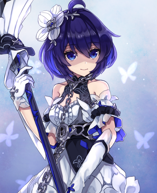 1girl, antenna_hair, bangs, bare_shoulders, blue_eyes, blue_hair, butterfly_background, chabatake, chain, closed_mouth, dress, flower, gloves, hair_between_eyes, hair_flower, hair_ornament, holding, holding_weapon, honkai_(series), honkai_impact_3rd, looking_at_viewer, scythe, seele_vollerei, seele_vollerei_(stygian_nymph), shaded_face, short_hair, sleeveless, sleeveless_dress, smile, solo, weapon, white_dress, white_flower, white_gloves