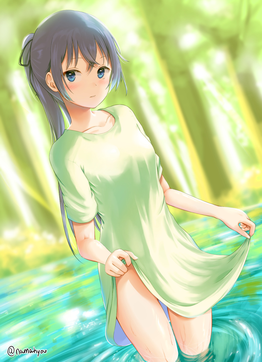 1girl, bangs, black_hair, black_ribbon, blue_eyes, blurry, blurry_background, breasts