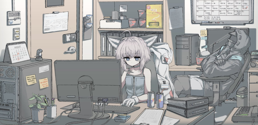 1girl, 1other, ahoge, animal_ears, arknights, at_computer, binder, black_jacket