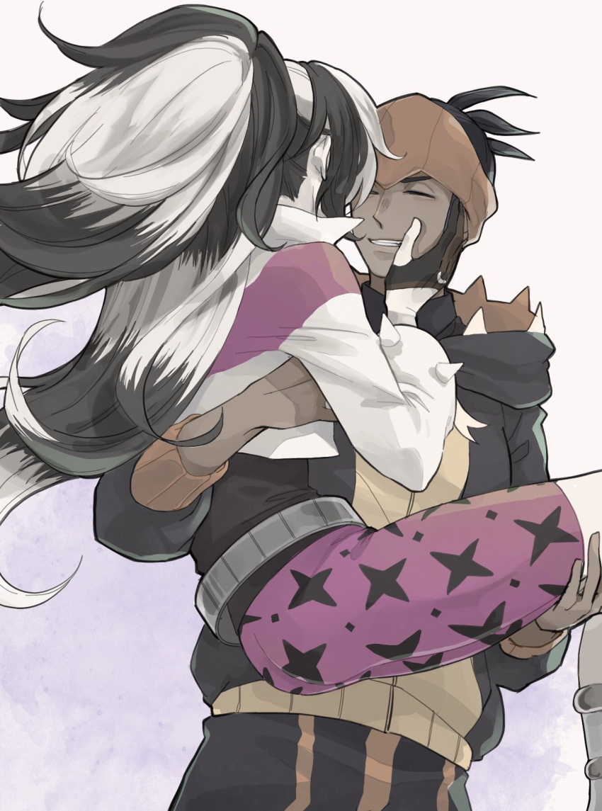 2boys, belt, bike_shorts, black_hair, black_hoodie, boots, carrying, closed_eyes, commentary_request, cropped_jacket, dark-skinned_male, dark_skin, grin, highres, hood, hoodie, jacket, long_hair, male_focus, mizudori_(mi210ri), multicolored_hair, multiple_boys, orange_headwear, pale_skin, piers_(pokemon), pokemon, pokemon_(game), pokemon_swsh, raihan_(pokemon), shirt, short_hair, smile, teeth, two-tone_hair, white_hair, white_jacket