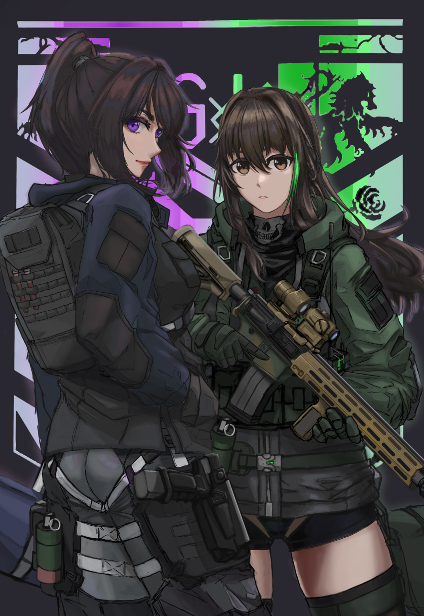 2girls, absurdres, ass, assault_rifle, backpack, bag, bandana, brown_eyes, brown_hair, emblem, explosive, female_commander_(girls_frontline), g&amp;k-cmdr, girls_frontline, gloves, grenade, grifon_&amp;_kryuger, grip, gun, hand_in_pocket, handgun, highres, holding, holding_gun, holding_weapon, holster, jacket, long_hair, looking_back, m4_carbine, m4a1_(girls_frontline), multiple_girls, pants, ponytail, rifle, scope, shorts, skull_print, tactical_clothes, thigh-highs, trigger_discipline, violet_eyes, weapon