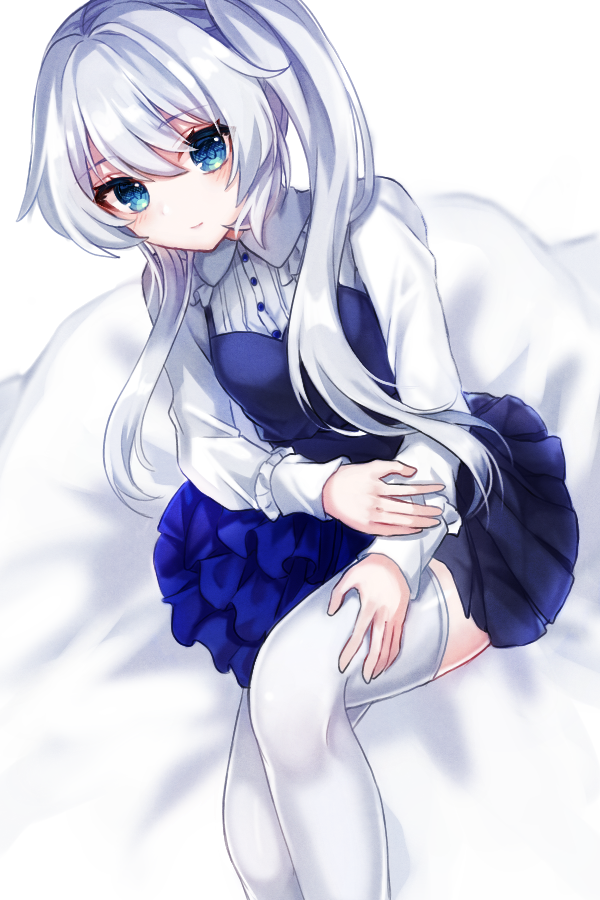 1girl, bangs, bare_shoulders, bed, bed_sheet, blue_eyes, blue_skirt, chabatake