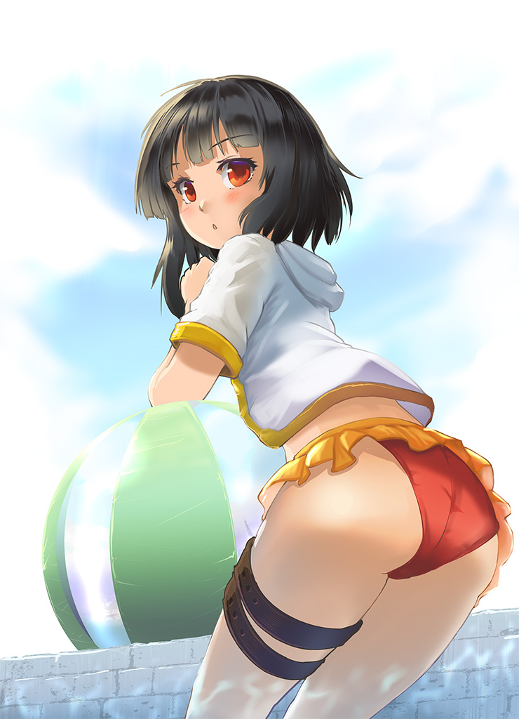 1girl, ass, back_peek, ball, bangs, beachball, bikini, black_hair