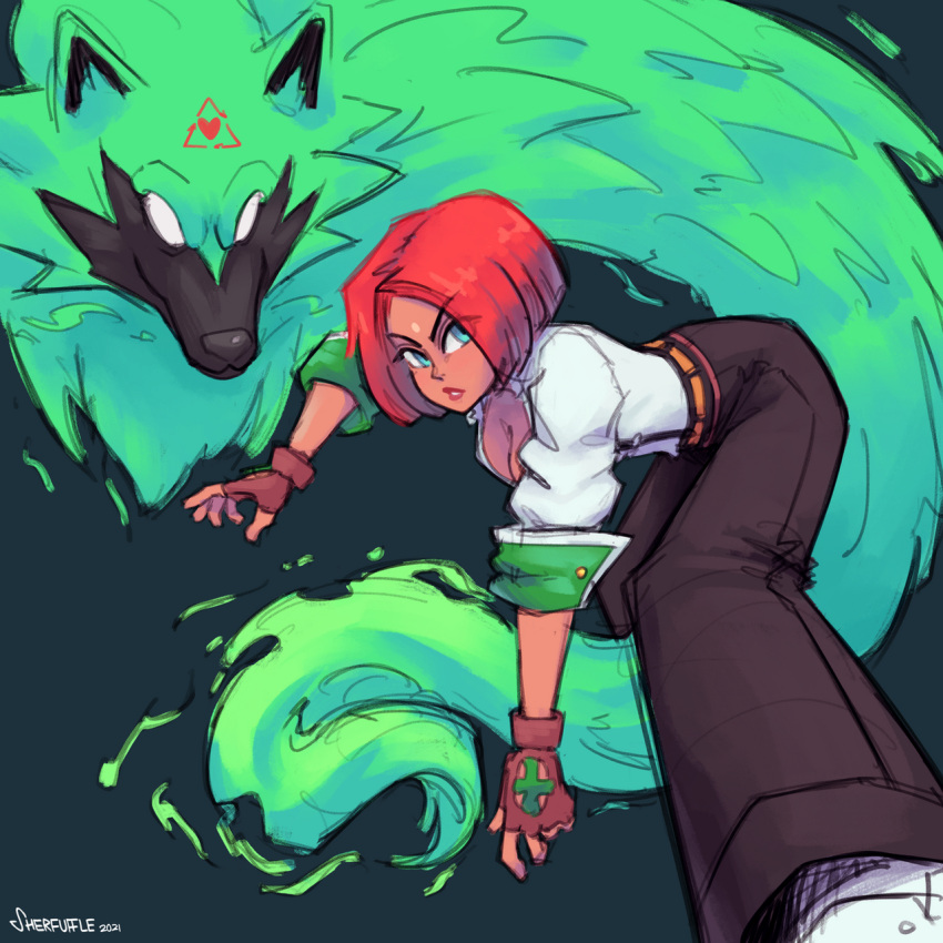 1girl, arrow_(symbol), blue_eyes, coderedchili, dark-skinned_female, dark_skin, fighting_stance, giovanna_(guilty_gear), gloves, green_fur, guilty_gear, guilty_gear_strive, heart, highres, looking_at_viewer, pants, recycling_symbol, redhead, rei_(guilty_gear), short_hair, wolf