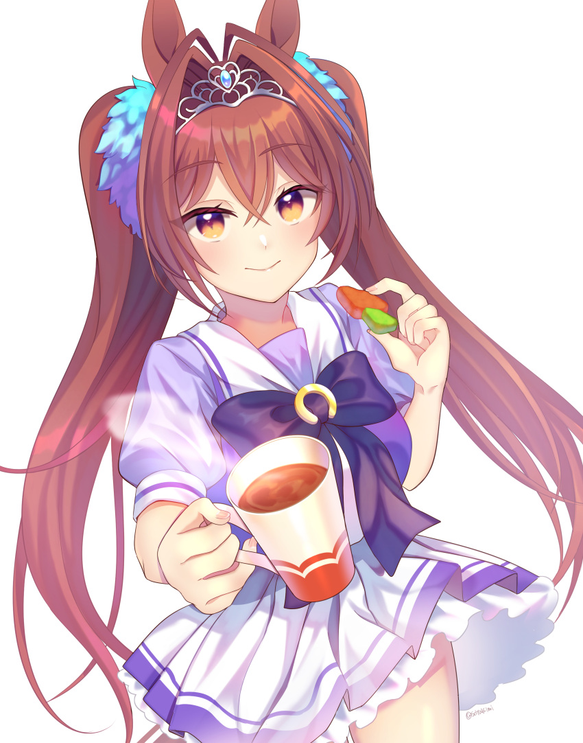 1girl, absurdres, animal_ears, bangs, brown_hair, carrot, closed_mouth, commentary_request, cowboy_shot, cup, daiwa_scarlet_(umamusume), hair_intakes, hair_ornament, highres, holding, holding_cup, horse_ears, horseshoe_ornament, kona_(soyakimi), long_hair, looking_at_viewer, multicolored, multicolored_eyes, petticoat, pleated_skirt, puffy_short_sleeves, puffy_sleeves, purple_ribbon, purple_skirt, reaching_out, ribbon, sailor_collar, school_uniform, short_sleeves, signature, simple_background, skirt, smile, solo, steam, tiara, tracen_school_uniform, twintails, umamusume, very_long_hair, white_background