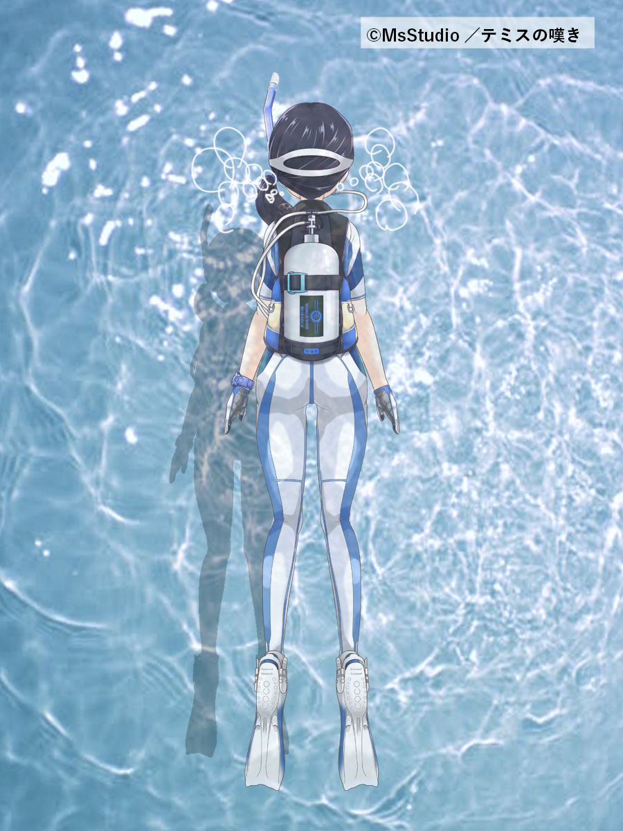 1girl, arms_at_sides, artist_name, blue_bodysuit, bodysuit, bubble, commentary, diving_mask, flippers, from_above, from_behind, from_side, full_body, goggles, hairband, highres, hose, long_hair, original, ponytail, scuba_gear, scuba_tank, snorkel, swimming, temisu_no_nageki, thigh_gap, underwater, wetsuit, white_bodysuit, zoom_layer