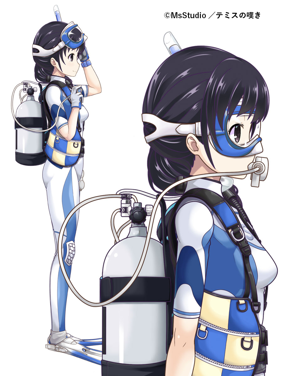 1girl, adjusting_goggles, artist_name, bangs, black_hairband, blue_bodysuit, bodysuit, brown_eyes