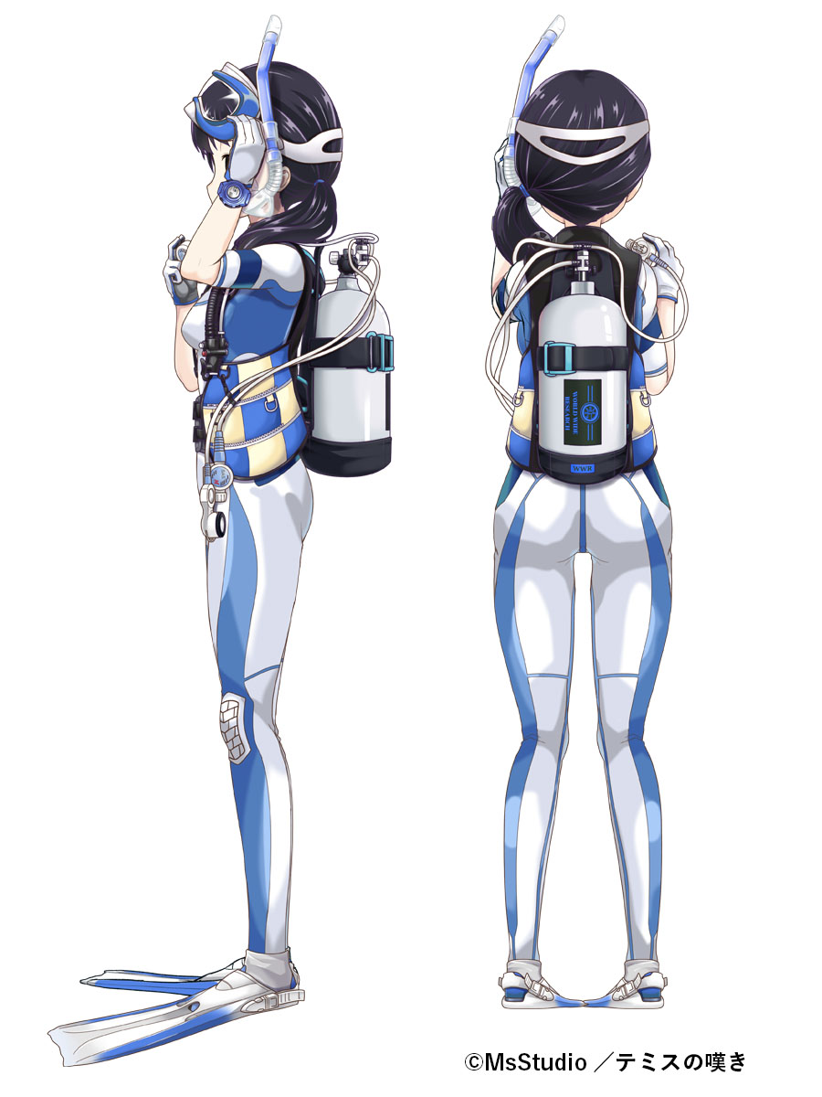 1girl, adjusting_goggles, artist_name, bangs, black_hairband, blue_bodysuit, bodysuit, brown_eyes, commentary, diving_mask, diving_mask_on_head, flippers, from_behind, from_side, full_body, goggles, goggles_on_head, hairband, highres, hose, in_mouth, light_smile, long_hair, mouth_hold, original, ponytail, scuba_gear, scuba_tank, snorkel, standing, temisu_no_nageki, thigh_gap, wetsuit, white_bodysuit