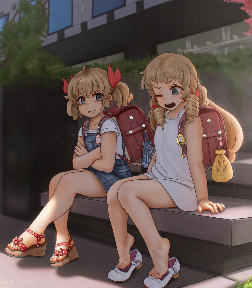 2girls, backpack, bag, bangs, barefoot, bench, blonde_hair, blue_eyes