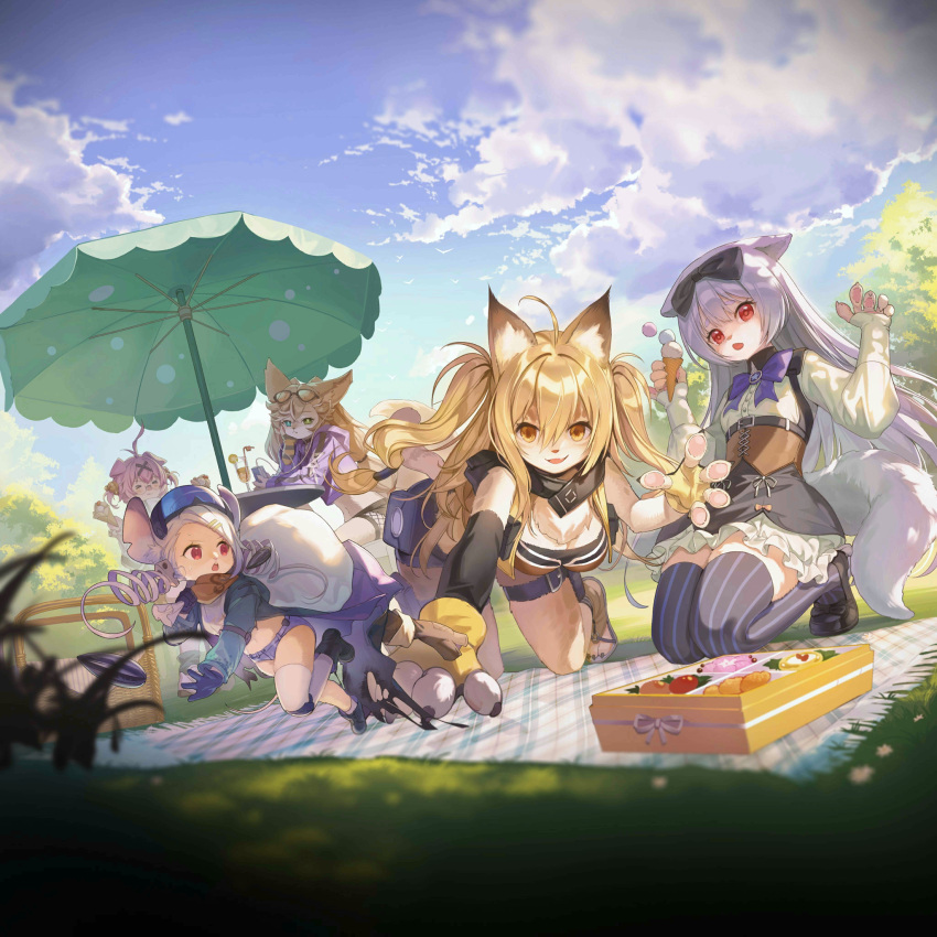 5girls, animal_ears, animal_hands, artist_request, bag, bento, blonde_hair, bow