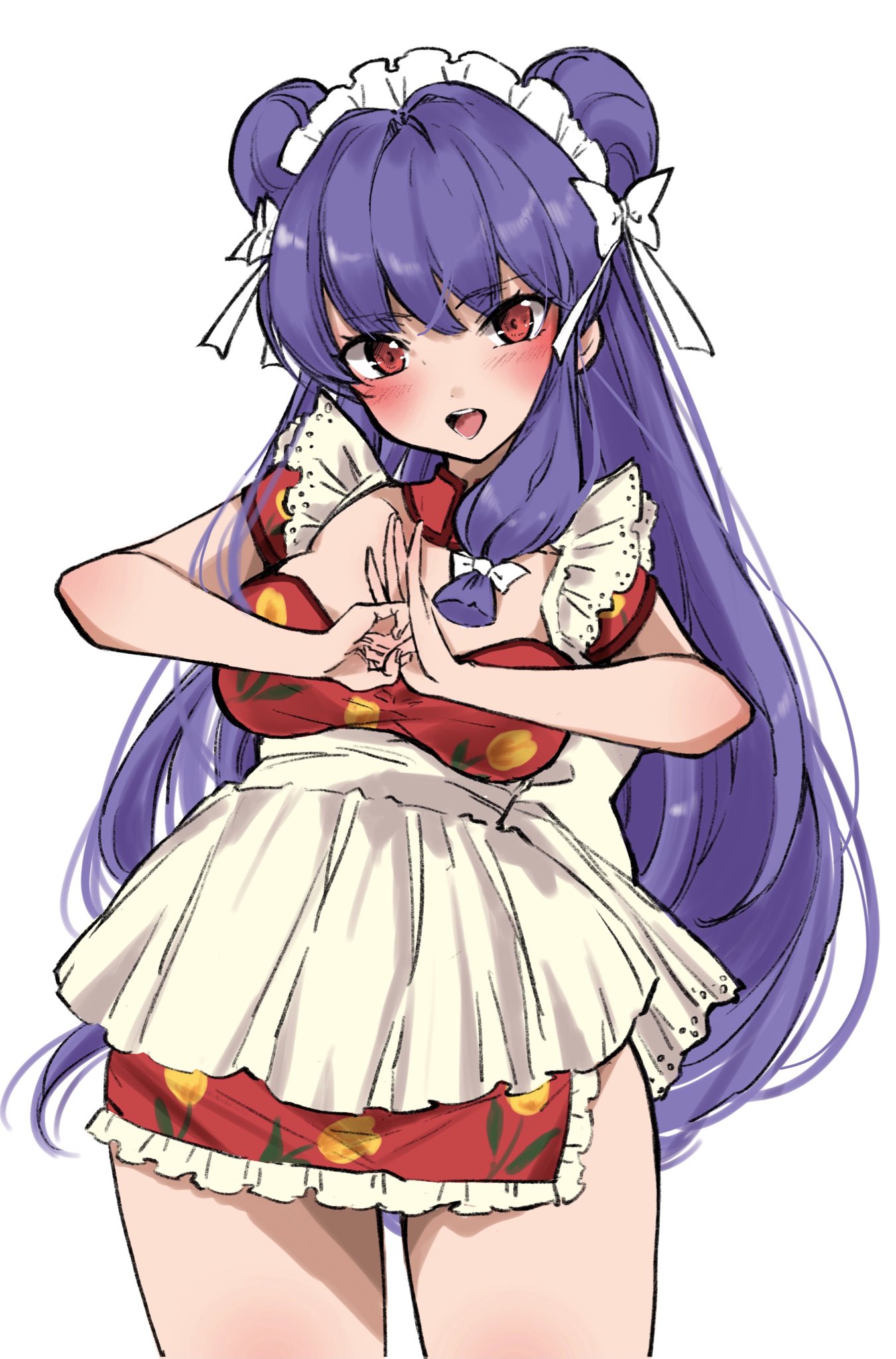 1girl, apron, bangs, blush, breasts, chigasaki_y, chinese_clothes, double_bun, dress, eyebrows_visible_through_hair, fist_in_hand, floral_print, frills, highres, long_hair, looking_at_viewer, maid, medium_breasts, open_mouth, purple_hair, ranma_1/2, red_dress, red_eyes, shampoo_(ranma_1/2), short_dress, simple_background, solo, white_apron, white_background