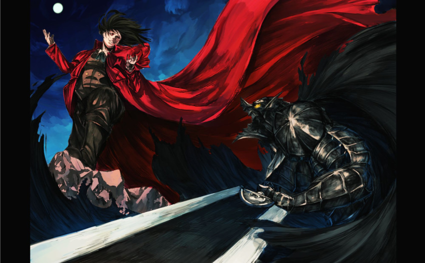 alucard_(hellsing), armor, battle, beast_of_darkness_(berserk), berserk, berserker_armor, black_cape, black_pants