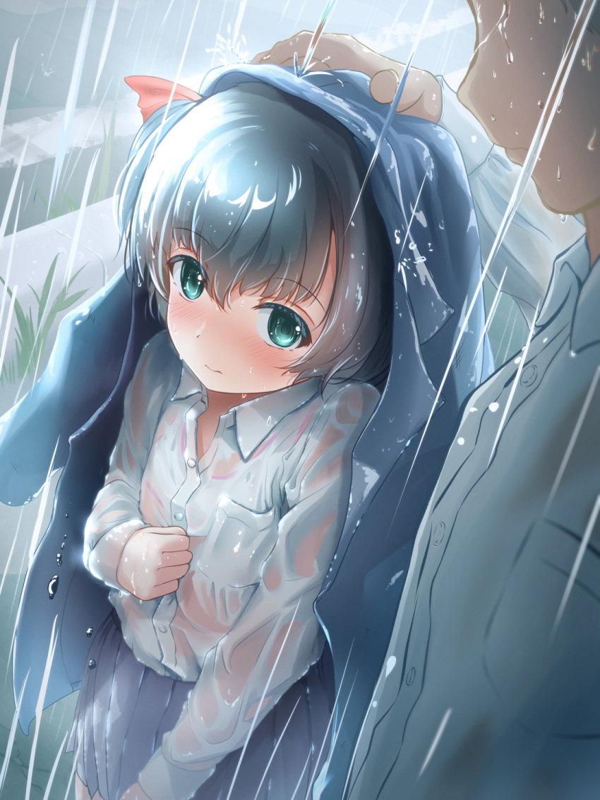 1boy, 1girl, bangs, black_hair, blue_skirt, blush, bra, clenched_hand