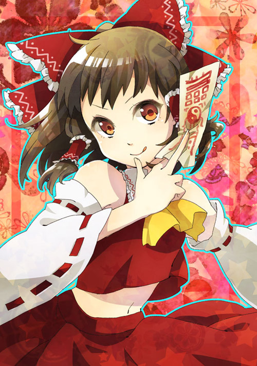 :q, bow, brown_eyes, brown_hair, detached_sleeves, hair_bow, hakurei_reimu, midriff