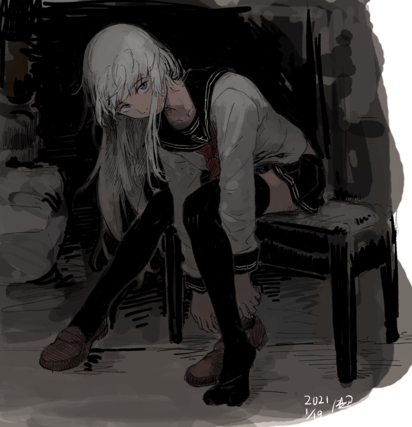 1girl, adjusting_footwear, anchor_symbol, bangs, black_sailor_collar, black_skirt, blue_eyes, brown_footwear
