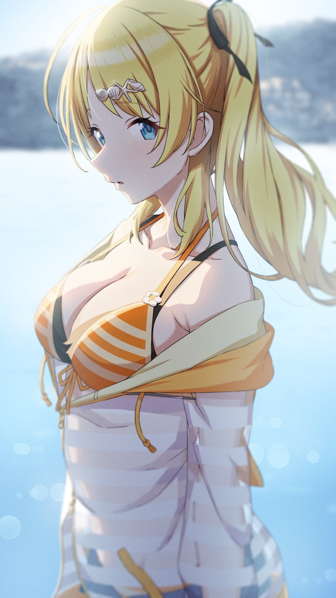 1girl, amochin, bikini, black_ribbon, blue_eyes, blurry, blurry_background, breasts
