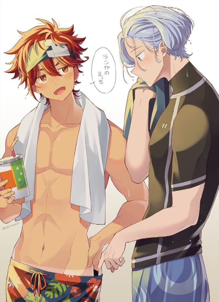2boys, absurdres, blue_eyes, blue_hair, diving_suit, glasses, hasegawa_langa, headband