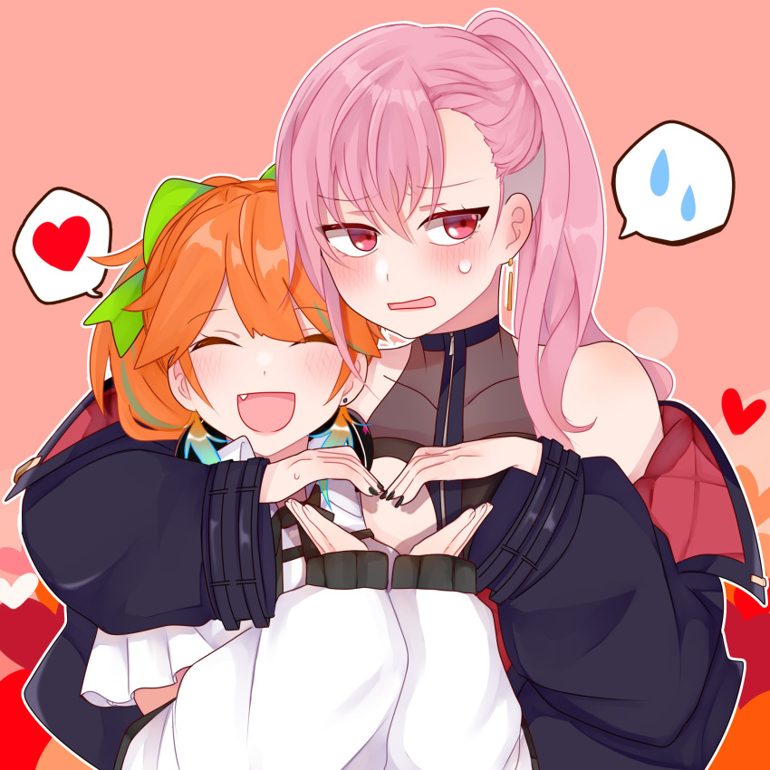 absurdres, alternate_costume, alternate_hairstyle, bangs, blush, bow, breasts, earrings, eyebrows_visible_through_hair, feather_earrings, feathers, gradient_hair, heart, heart_hands, highres, hololive, hololive_english, jewelry, long_hair, looking_at_viewer, mori_calliope, multicolored_hair, orange_hair, ponytail, smile, spoken_heart, takanashi_kiara, tera_(trs82341711), tsundere, virtual_youtuber, yuri