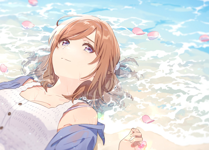 1girl, absurdres, bangs, beach, brown_hair, camisole, closed_mouth, collarbone