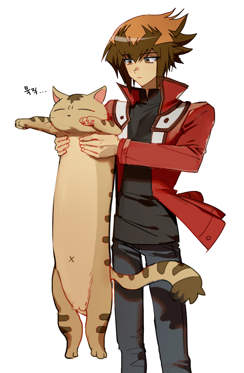 1boy, absurdres, bangs, brown_hair, cat, cocaduel, denim, feet_out_of_frame
