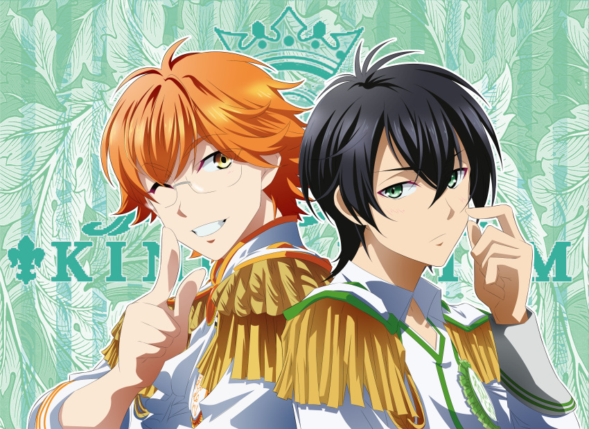 2boys, absurdres, black_hair, commentary_request, epaulettes, eyebrows_visible_through_hair, eyes_visible_through_hair, glasses