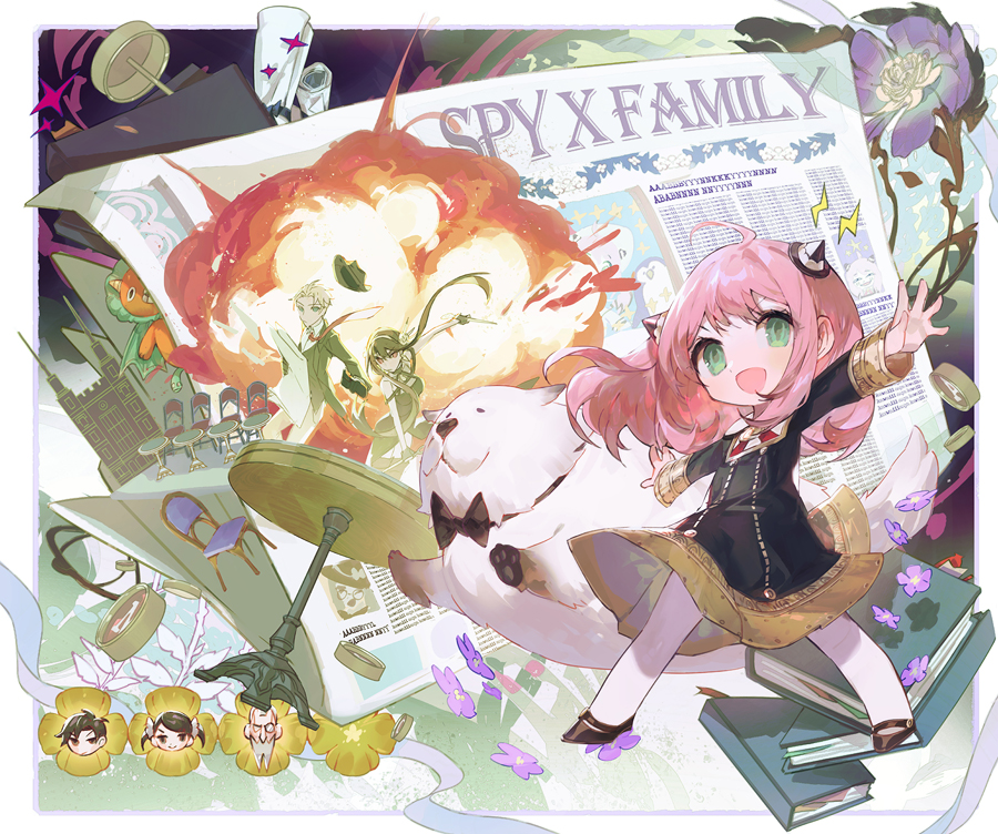 3boys, 3girls, ahoge, anya_(spy_x_family), aona_(ns), becky_blackbell, black_bow, black_footwear