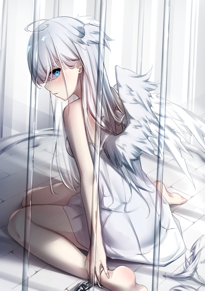 1girl, ahoge, blue_eyes, cage, chain, chained, commentary, dress, feathered_wings, head_wings, highres, in_cage, long_hair, off-shoulder_dress, off_shoulder, original, sideways_glance, sitting, solo, umou_(may65879), wariza, white_dress, white_hair, white_wings, wings
