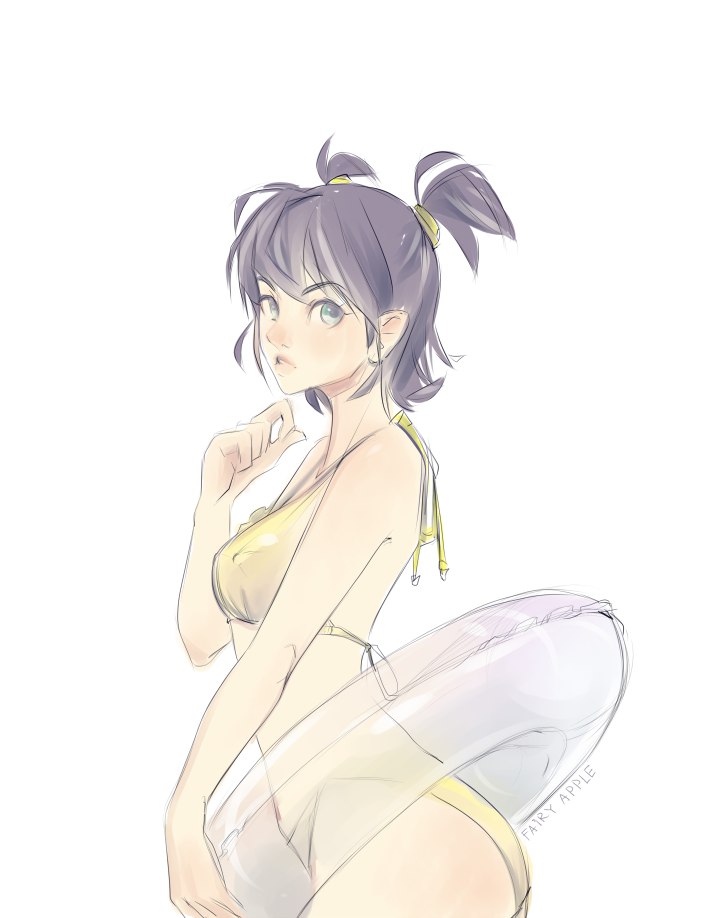 1girl, artist_name, bangs, bare_shoulders, bikini, breasts, collarbone, cowboy_shot