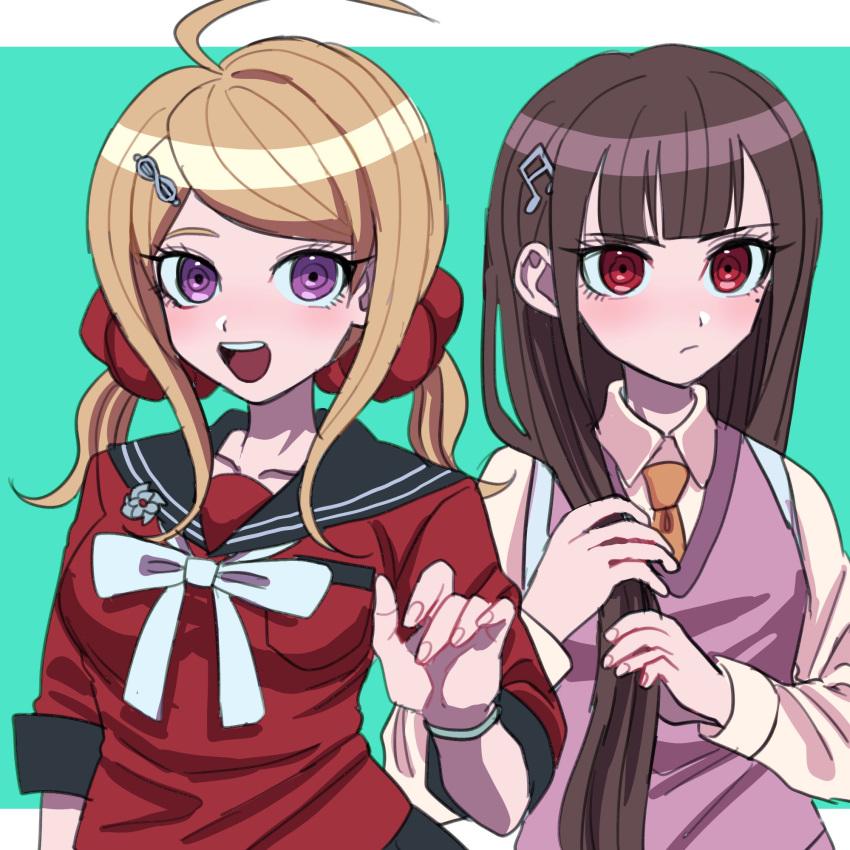 2girls, :d, akamatsu_kaede, akamatsu_kaede_(cosplay), bangs, blonde_hair, blush, breasts