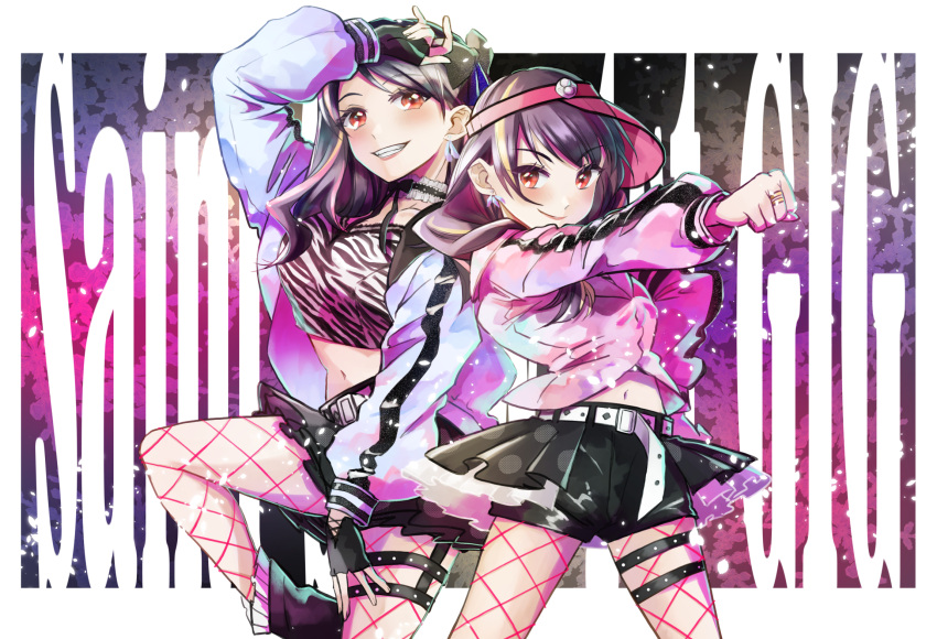 2girls, animal_print, ankle_boots, arm_up, background_text, bangs, belt, black_bow