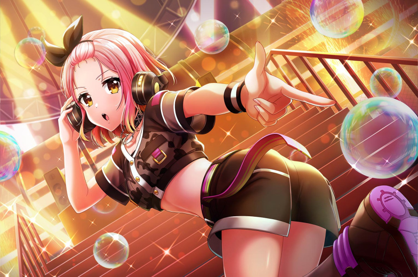 1girl, blush, d4dj, headphones, inuyose_shinobu, jacket, official_art, pink_hair