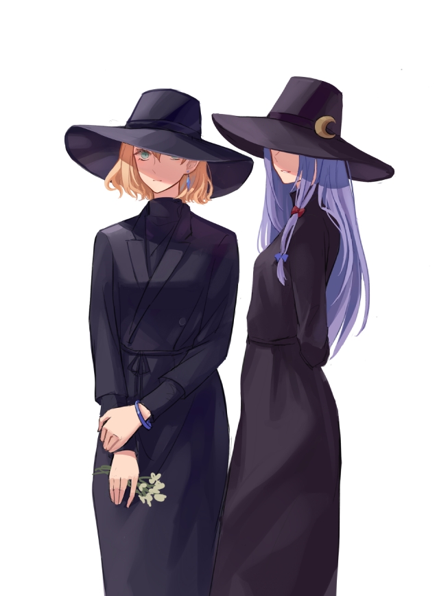 2girls, alice_margatroid, alternate_color, alternate_costume, black_dress, black_headwear, black_jacket, blonde_hair