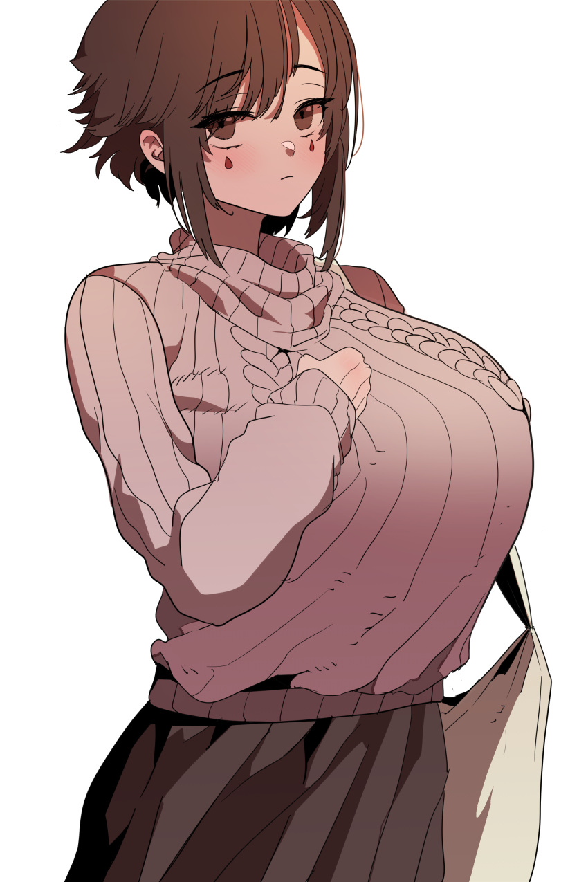 1girl, :|, absurdres, asymmetrical_hair, bag, black_skirt, breasts, brown_eyes, brown_hair, closed_mouth, expressionless, eyebrows_visible_through_hair, guardian_tales, hand_on_own_chest, highres, large_breasts, looking_at_viewer, manjin512, scrivener_lahn, short_hair, skirt, sweater, tattoo, turtleneck, turtleneck_sweater, white_background