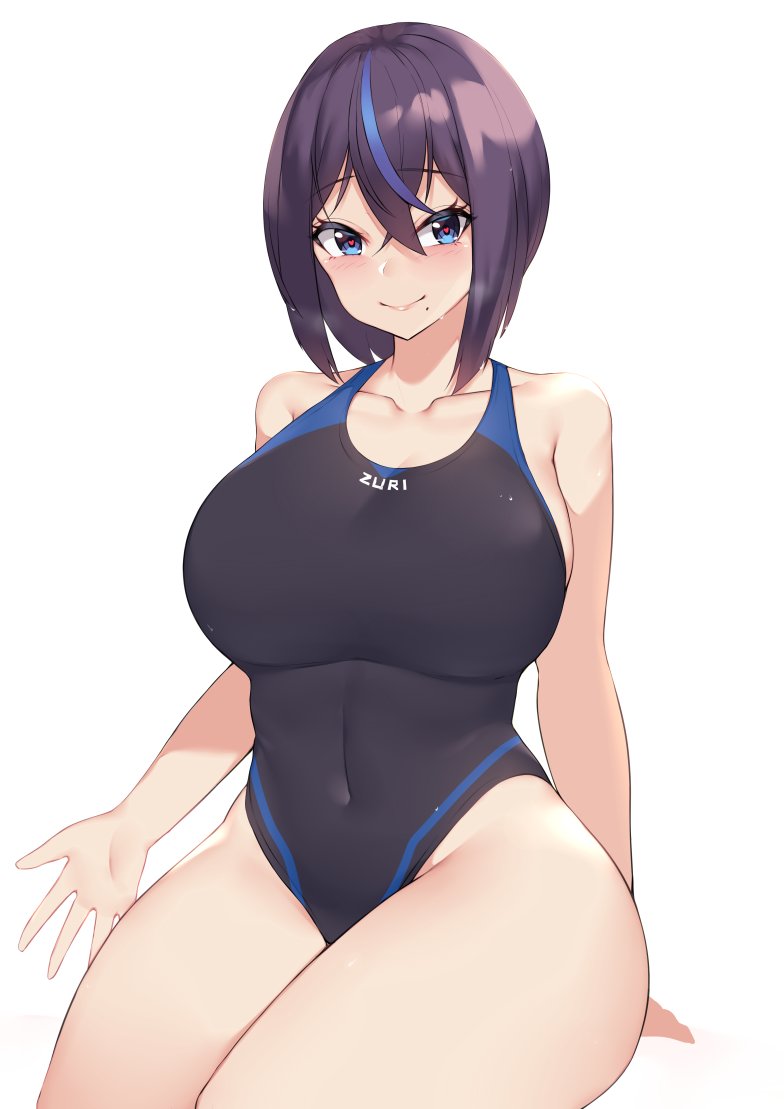 arm_up, bangs, black_swimsuit, blue_hair, breasts, breath, commentary, commentary_request
