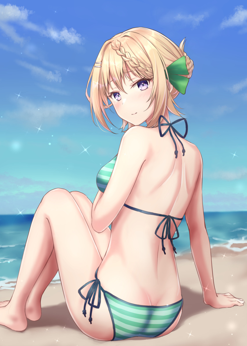 1girl, bare_arms, bare_legs, bare_shoulders, barefoot, beach, bikini, blonde_hair