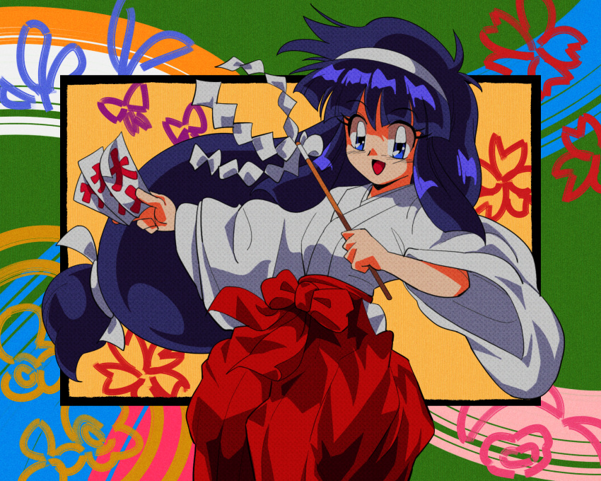 1990s_(style), 1girl, abstract_background, anime_coloring, bangs, blue_eyes, blue_hair, colorful