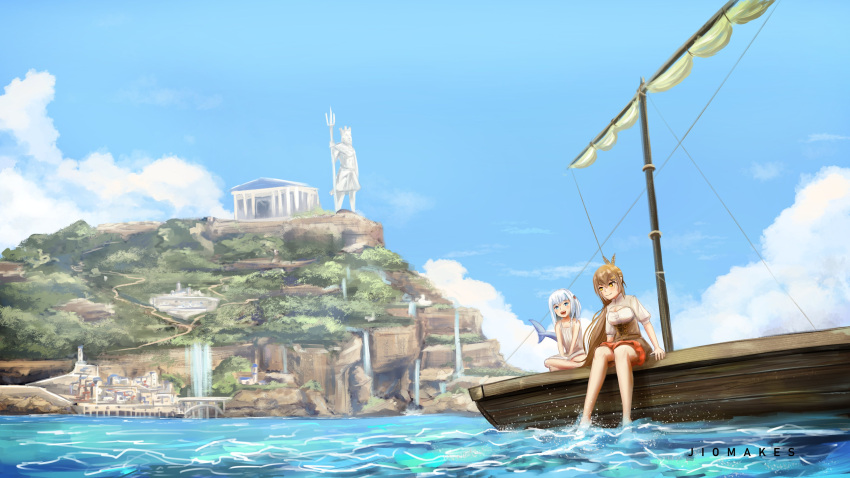 2girls, absurdres, barefoot, blue_eyes, blue_sky, breasts, brown_corset, brown_eyes, brown_hair, clouds, english_commentary, feather_hair_ornament, feathers, fish_tail, flat_chest, frilled_skirt, frills, gawr_gura, hair_ornament, hairclip, highres, hololive, hololive_english, jio_(jiomakes), long_hair, medium_breasts, multicolored_hair, multiple_girls, nanashi_mumei, red_skirt, shark_girl, shark_tail, sharp_teeth, shirt, short_hair, signature, skirt, sky, streaked_hair, tagme, tail, teeth, very_long_hair, virtual_youtuber, watercraft, white_hair, white_shirt