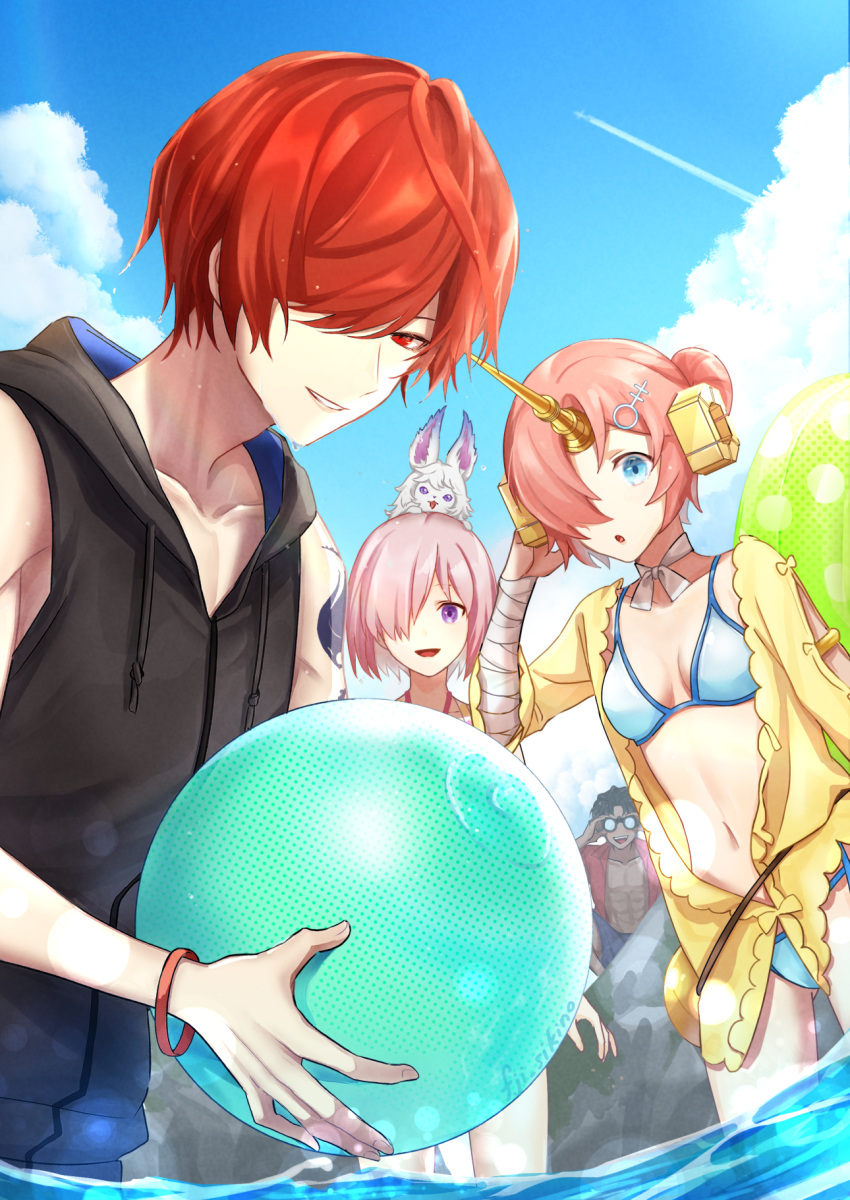 1other, 2boys, 2girls, alternate_costume, ball, bandaged_arm, bandages, bangs, bartholomew_roberts_(fate), beach, bikini, binoculars, black_hair, blue_bikini, blue_eyes, blue_sky, breasts, clouds, collarbone, commentary_request, creature, creature_on_head, dark-skinned_male, dark_skin, day, double_bun, eyebrows_visible_through_hair, fate/grand_order, fate_(series), fou_(fate), frankenstein's_monster_(fate), frankenstein's_monster_(swimsuit_saber)_(fate), fuji_(pixiv35145847), fuuma_kotarou_(fate), hair_ornament, hair_over_one_eye, headgear, highres, holding, holding_ball, hood, hood_down, hoodie, horns, in_water, jacket, light_purple_hair, lips, long_sleeves, looking_at_viewer, mash_kyrielight, mechanical_horns, multiple_boys, multiple_girls, navel, official_alternate_costume, one_eye_covered, open_clothes, open_jacket, open_mouth, outdoors, parted_lips, pink_hair, pink_lips, red_jacket, redhead, shinobi_attire_for_summer_enjoyment, short_hair, signature, single_horn, sky, sleeveless, sleeveless_hoodie, small_breasts, smile, stalking, swimsuit, swimsuit_of_perpetual_summer_ver.02, teeth, trait_connection, violet_eyes, water, wet, yellow_jacket