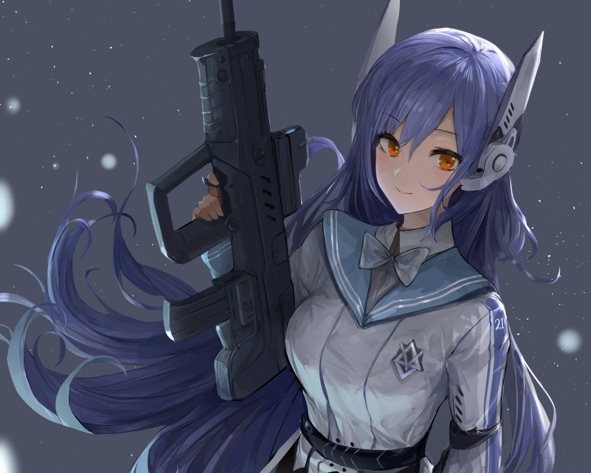 1girl, absurdres, assault_rifle, badge, blue_hair, blue_ribbon, breasts, bullpup