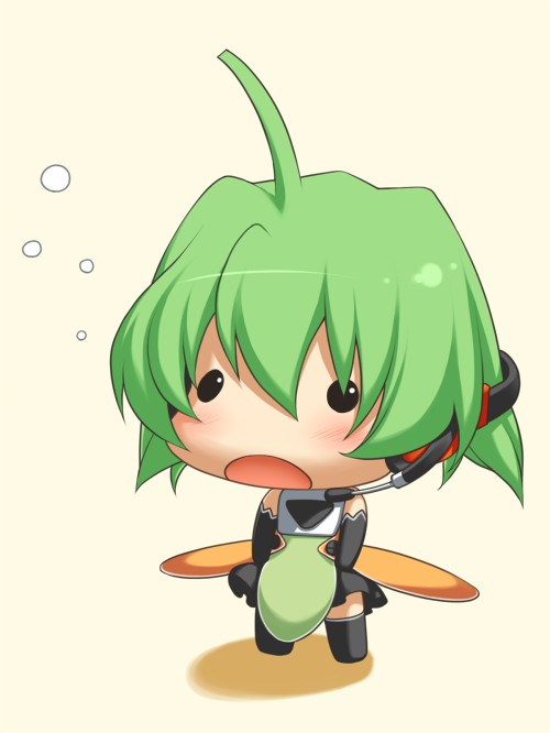 :o, ahoge, blush, boots, chibi, fl-chan, fl_studio, green_hair, headset, open_mouth, simple_background, uruido