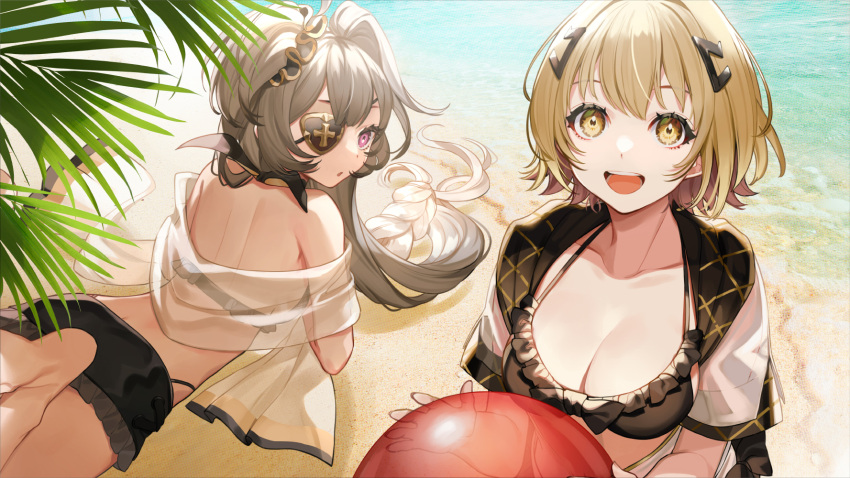 2girls, :d, alchemy_stars, ball, beach, beachball, bikini, bikini_under_clothes, black_bikini, blonde_hair, brown_eyes, collarbone, commentary_request, day, eicy_(alchemy_stars), eyepatch, frilled_bikini, frills, grey_hair, hair_ornament, highres, holding, holding_ball, hood, hood_down, looking_at_viewer, looking_back, lying, multiple_girls, official_art, on_ground, on_stomach, open_mouth, outdoors, parted_lips, sand, see-through, shirt, short_sleeves, smile, swimsuit, transparent, upper_teeth, vice_(alchemy_stars), violet_eyes, water, white_shirt, yuu_(higashi_no_penguin)