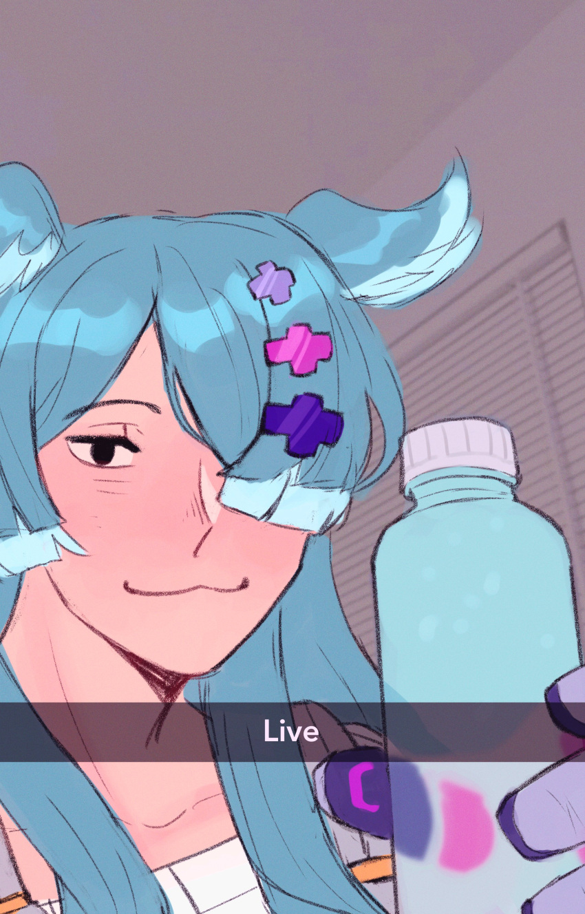1girl, :3, absurdres, black_eyes, blue_hair, bottle, closed_mouth, derivative_work