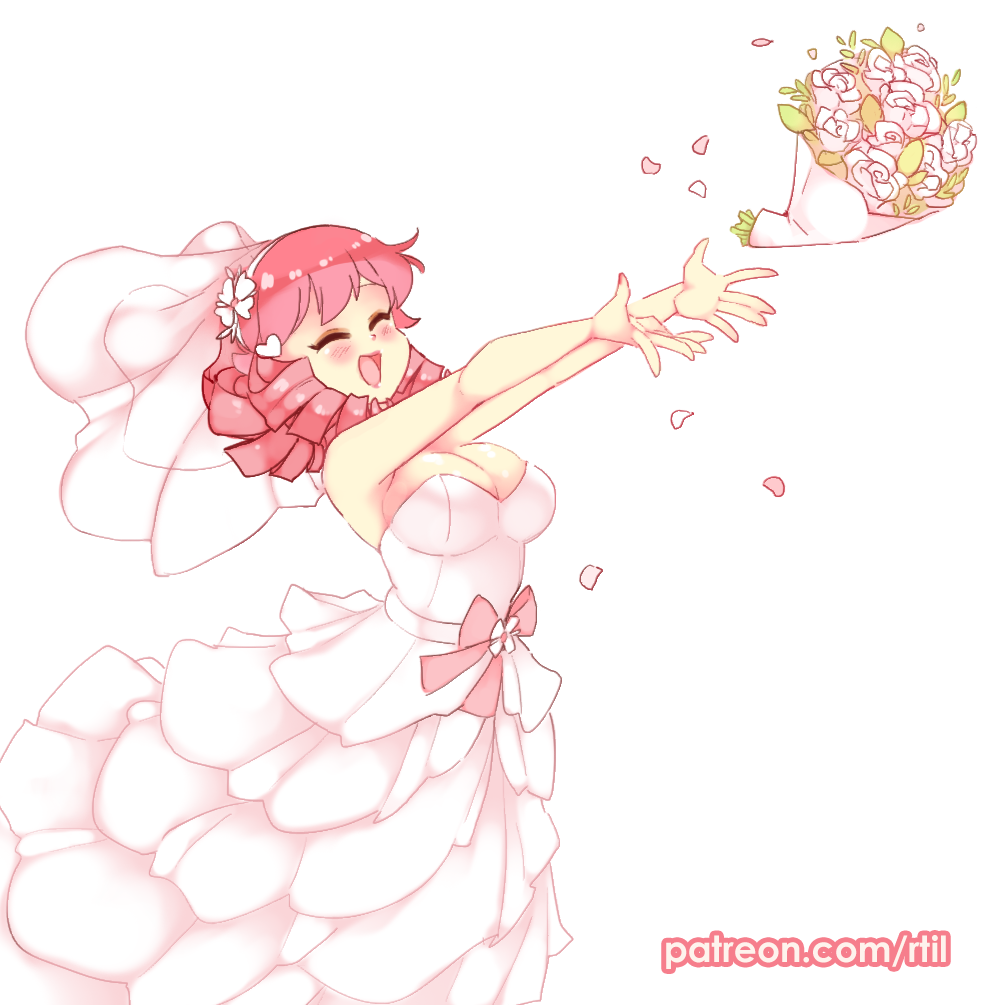 1girl, :d, ^_^, bare_arms, bare_shoulders, blush, bouquet, bouquet_toss