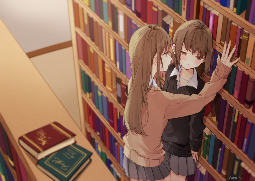 2girls, book, bookshelf, brown_eyes, brown_hair, commentary_request, hazuki_natsu, highres