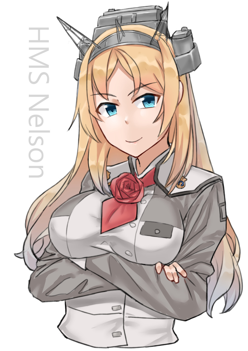 1girl, absurdres, ascot, blonde_hair, blue_eyes, breasts, character_name, crossed_arms